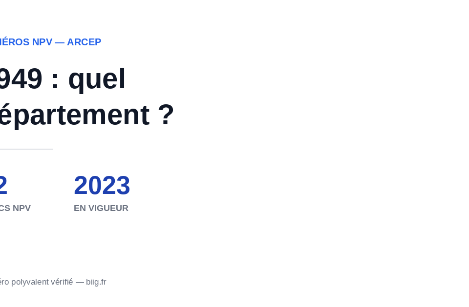 Vignette illustrant l'indicatif téléphonique 0949, numéro polyvalent vérifié ARCEP, avec le repère 2023 et les 12 blocs NPV