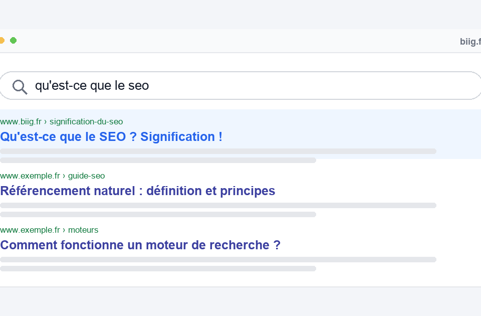 Maquette d'une page de résultats de recherche pour la requête « qu'est-ce que le seo », le premier résultat étant mis en avant