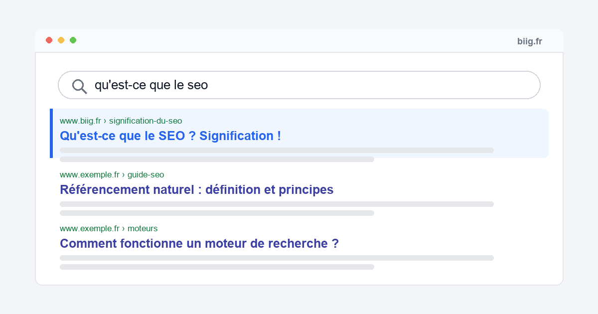 Maquette d'une page de résultats de recherche pour la requête « qu'est-ce que le seo », le premier résultat étant mis en avant